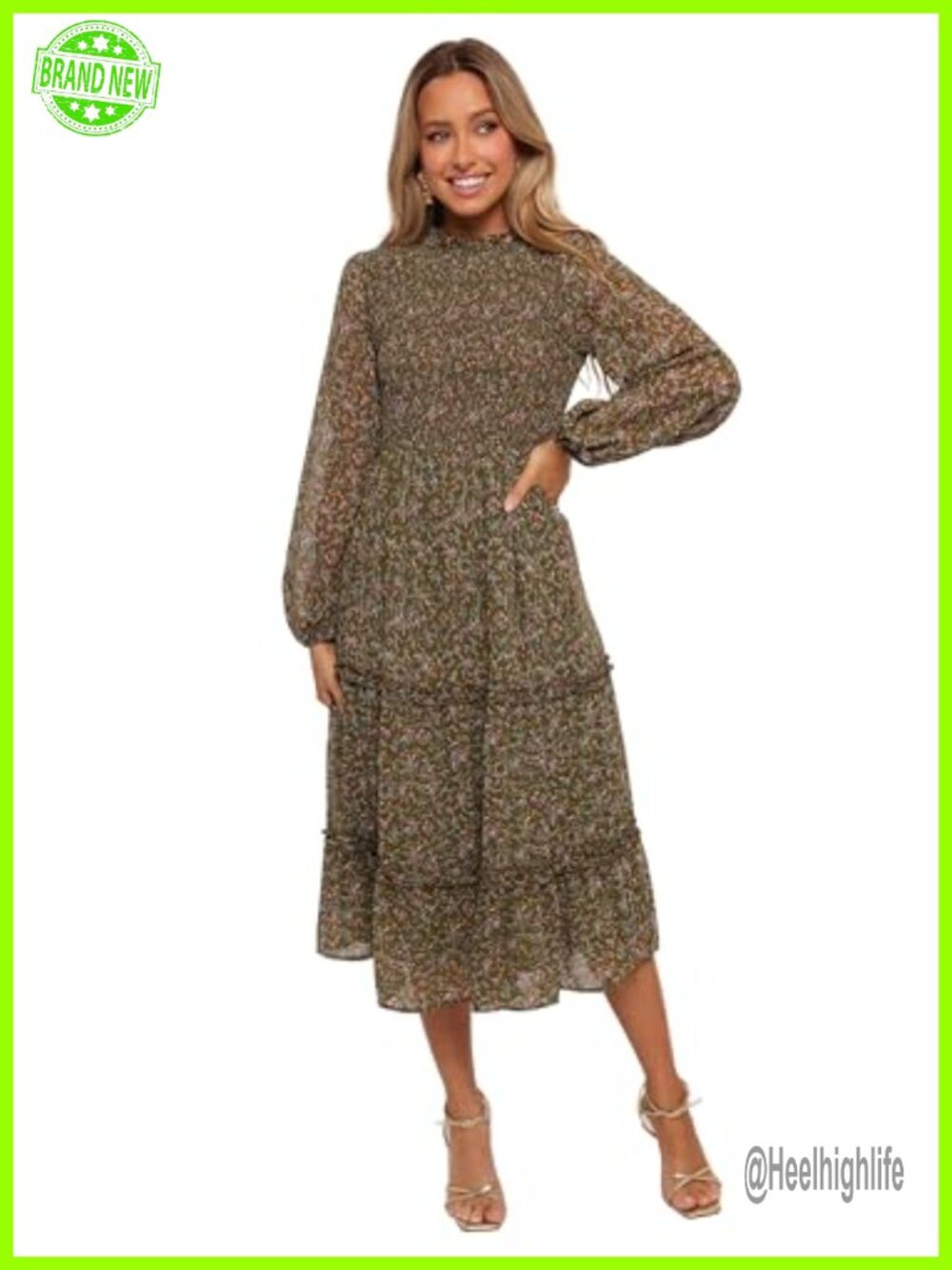 Women's Shirred Bodice Frill Ruffle Collar Long Sleeve Midi Dress